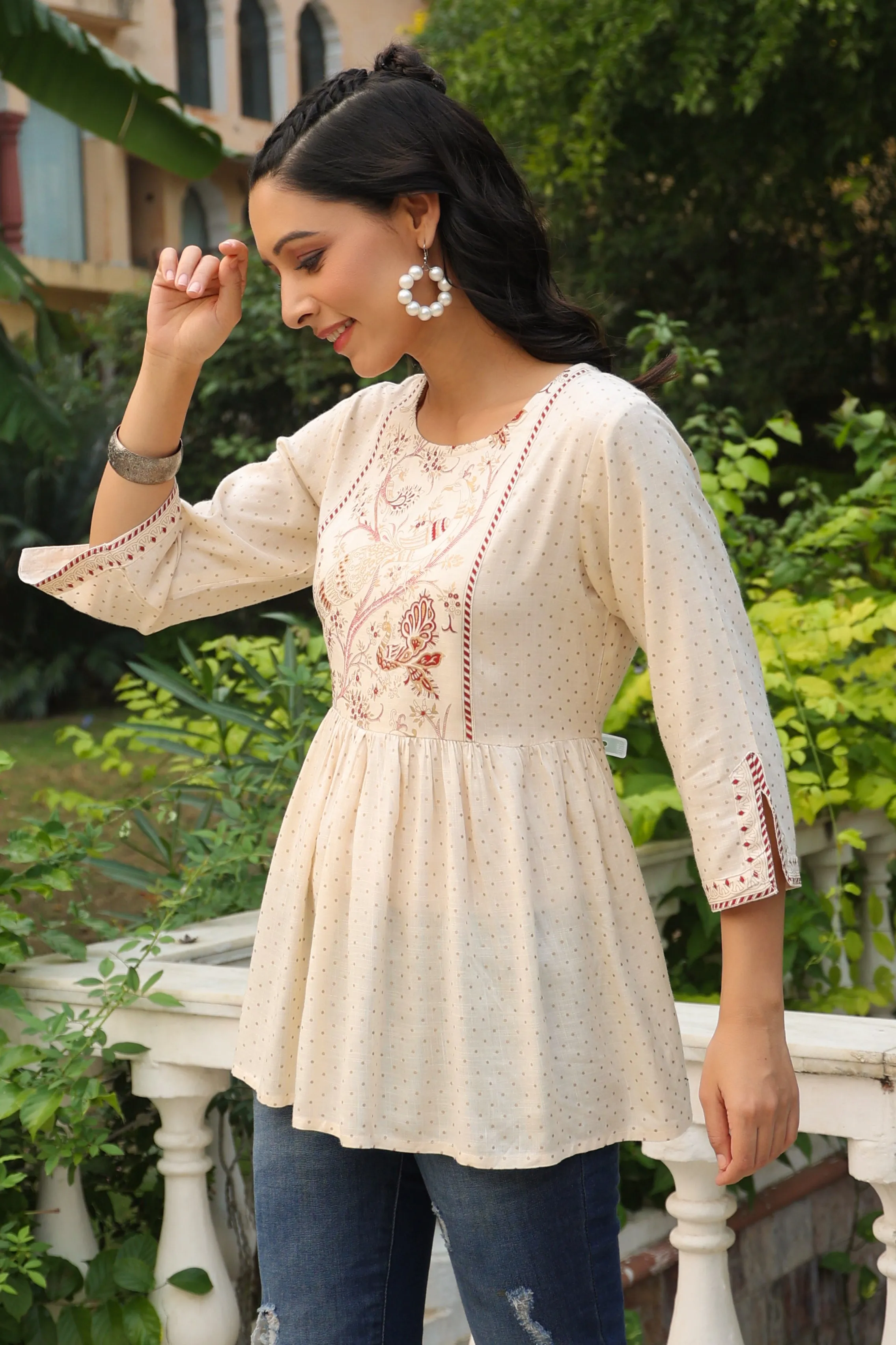 Juniper Ivory Polka Printed Peplum Rayon Slub Tunic.