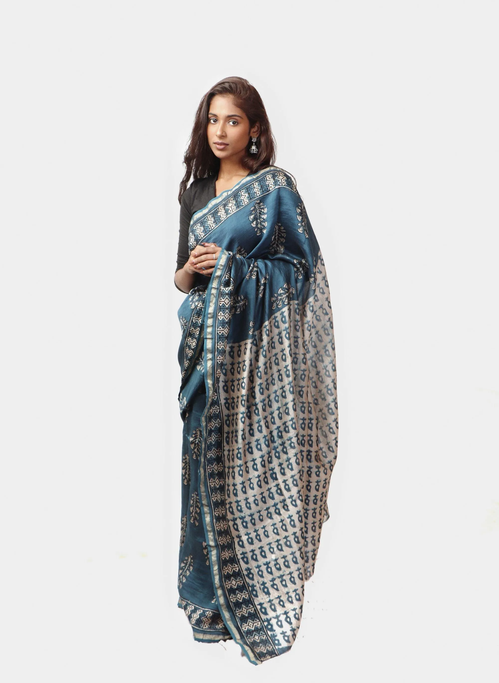 Kaisori Malhar - Dabu Light Indigo twig handblockprinted Silk Cotton saree