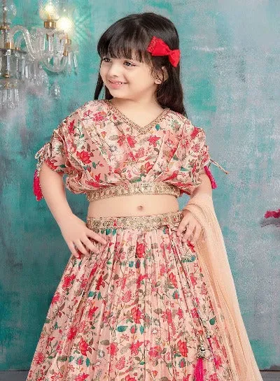 Kids Peachy Pink Chinon Silk Printed Lehenga Choli Set