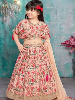 Kids Peachy Pink Chinon Silk Printed Lehenga Choli Set