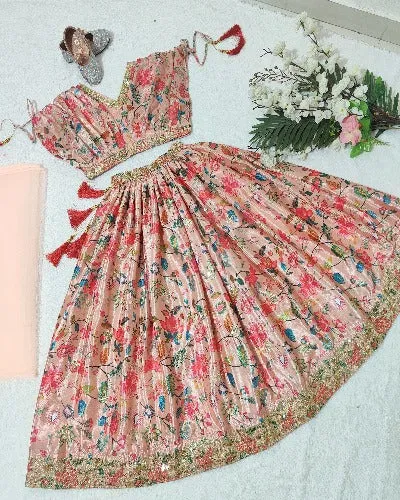 Kids Peachy Pink Chinon Silk Printed Lehenga Choli Set