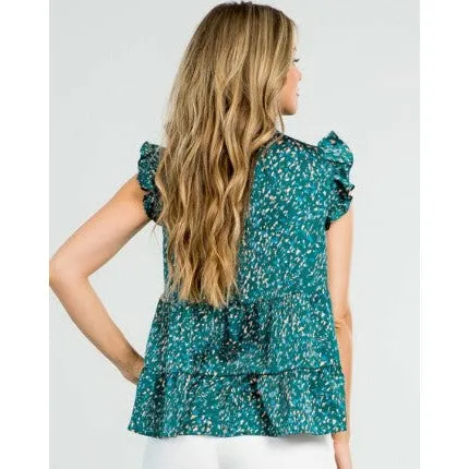 Lori Print Tiered Flutter Sleeve Teal THML Top-SALE