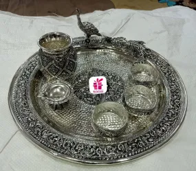 Manohari , Impressive Antique German silver  Peacock Design Thali Set for Puja-SIL001PT