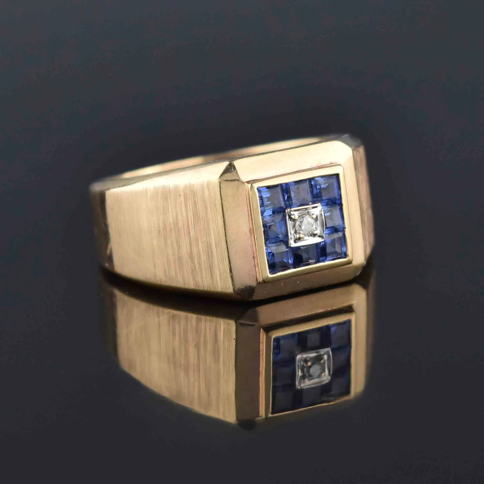 Mens Diamond Square Cut Sapphire Signet Ring, Sz 11.25