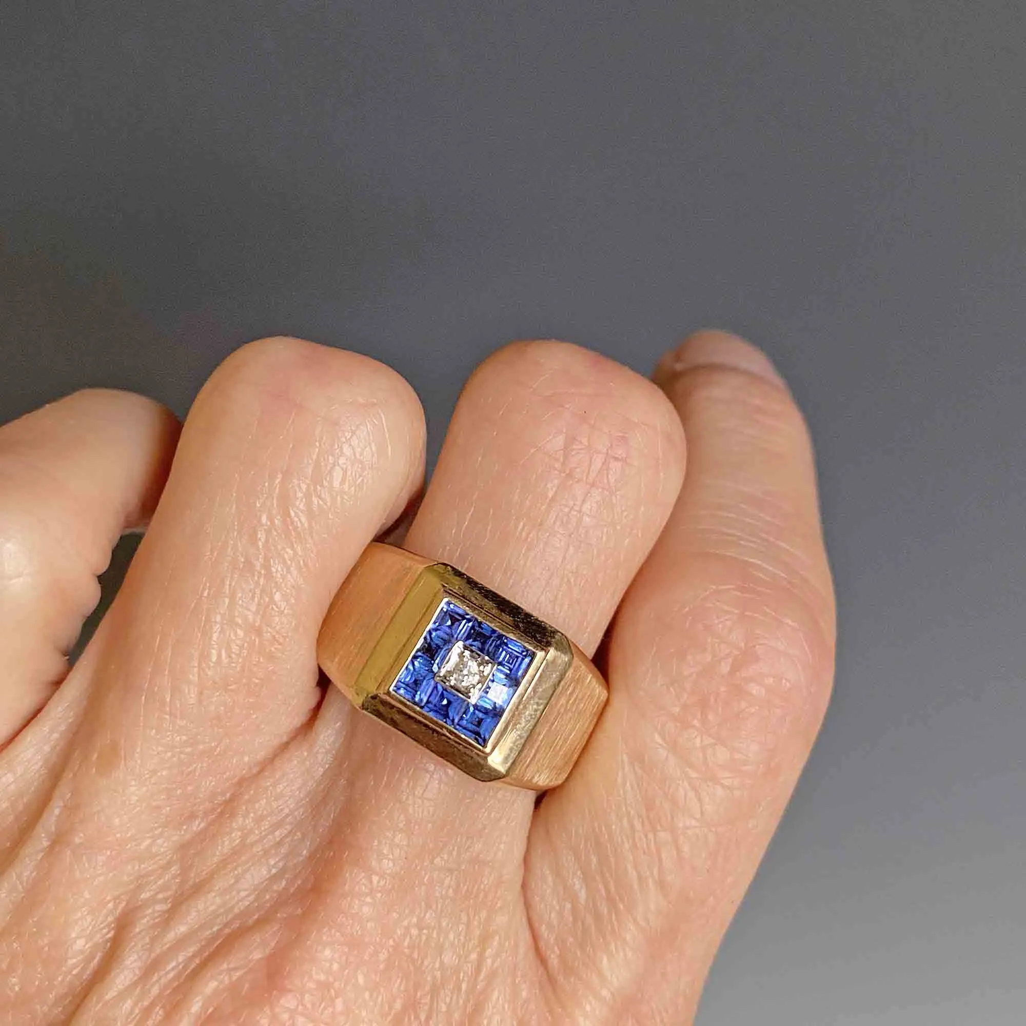 Mens Diamond Square Cut Sapphire Signet Ring, Sz 11.25