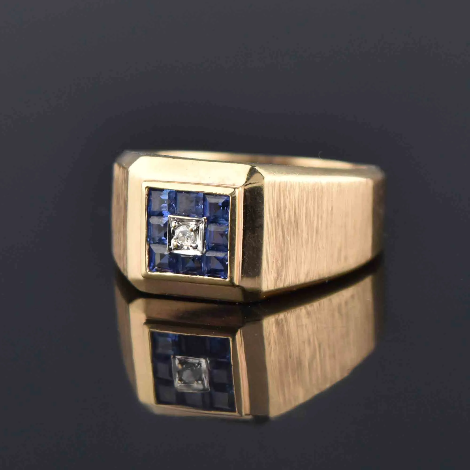 Mens Diamond Square Cut Sapphire Signet Ring, Sz 11.25