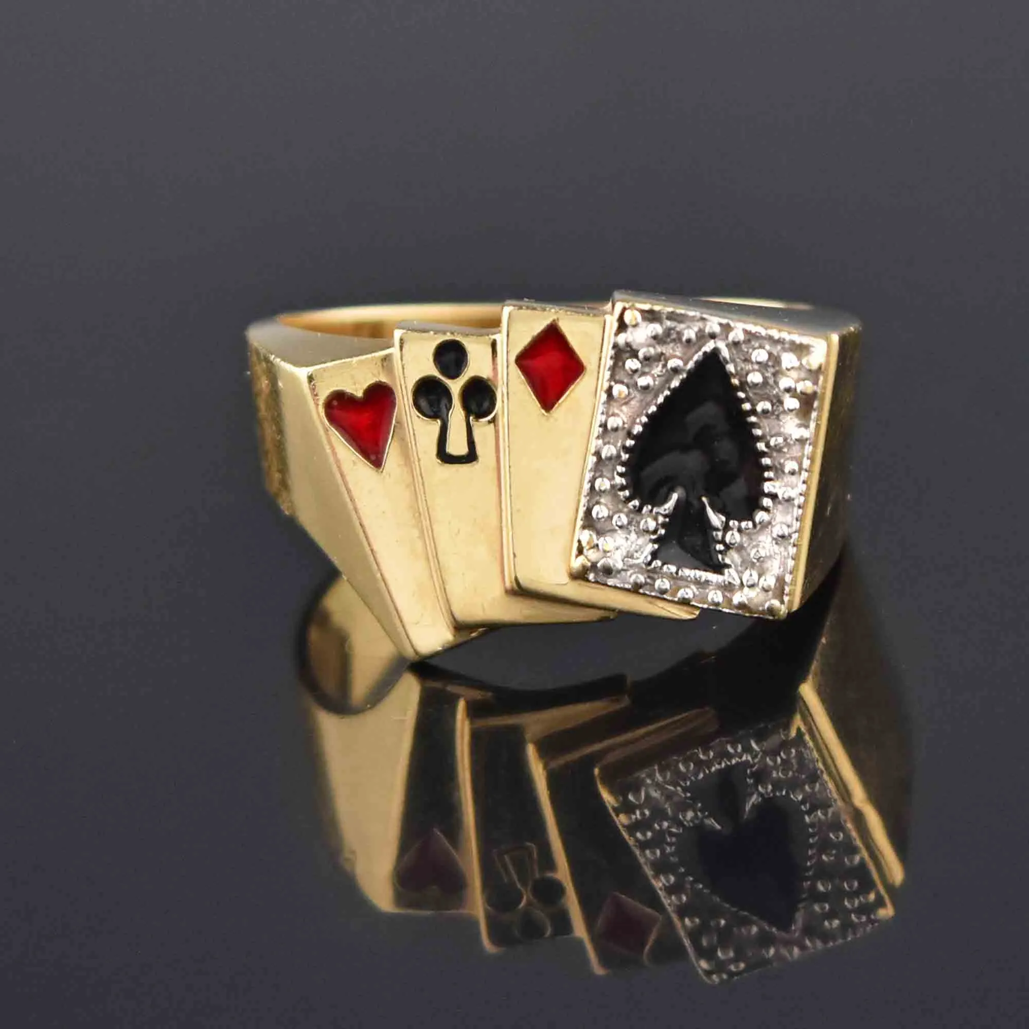 Mens Gold Enamel Diamond Poker Signet Ring, Sz 10