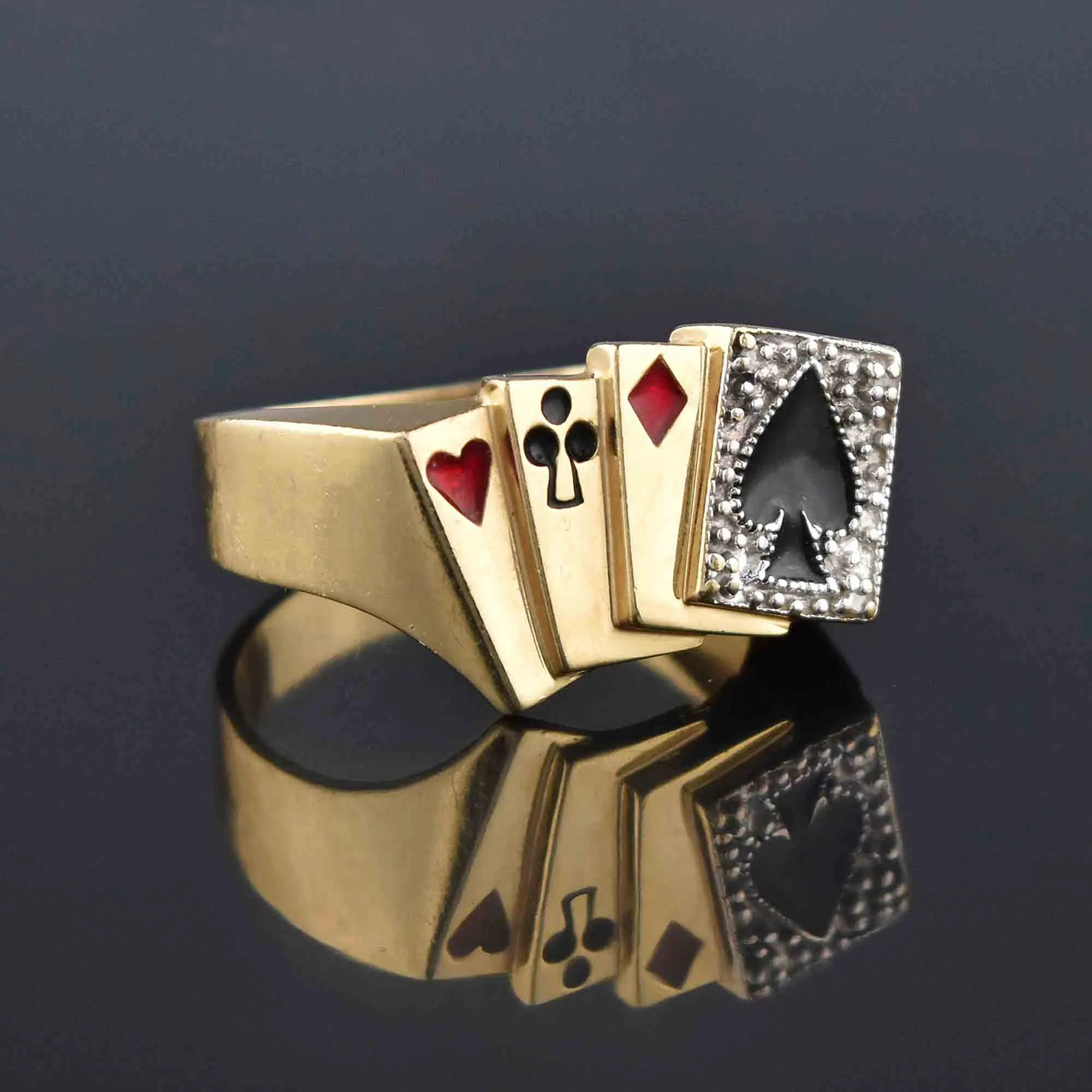 Mens Gold Enamel Diamond Poker Signet Ring, Sz 10