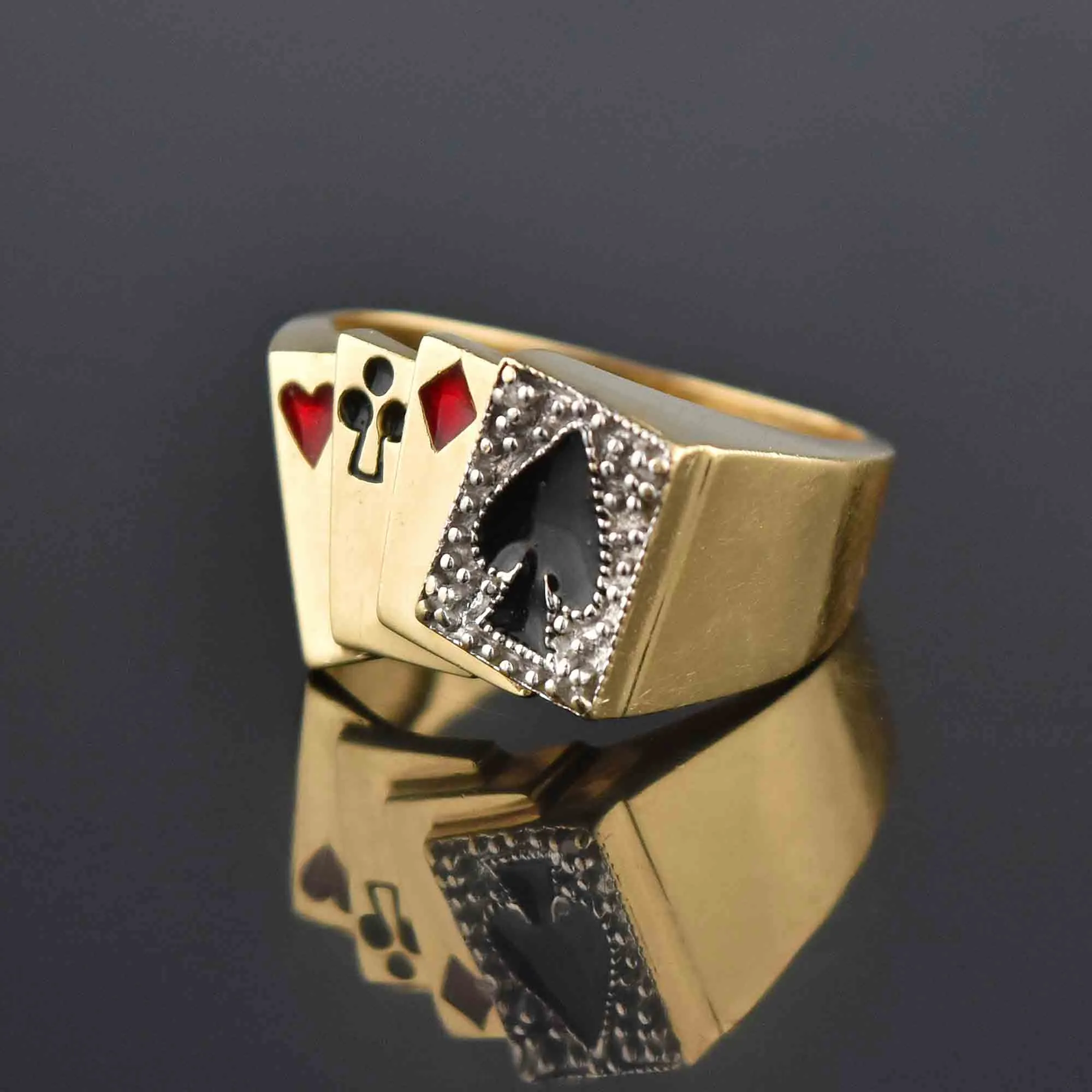 Mens Gold Enamel Diamond Poker Signet Ring, Sz 10