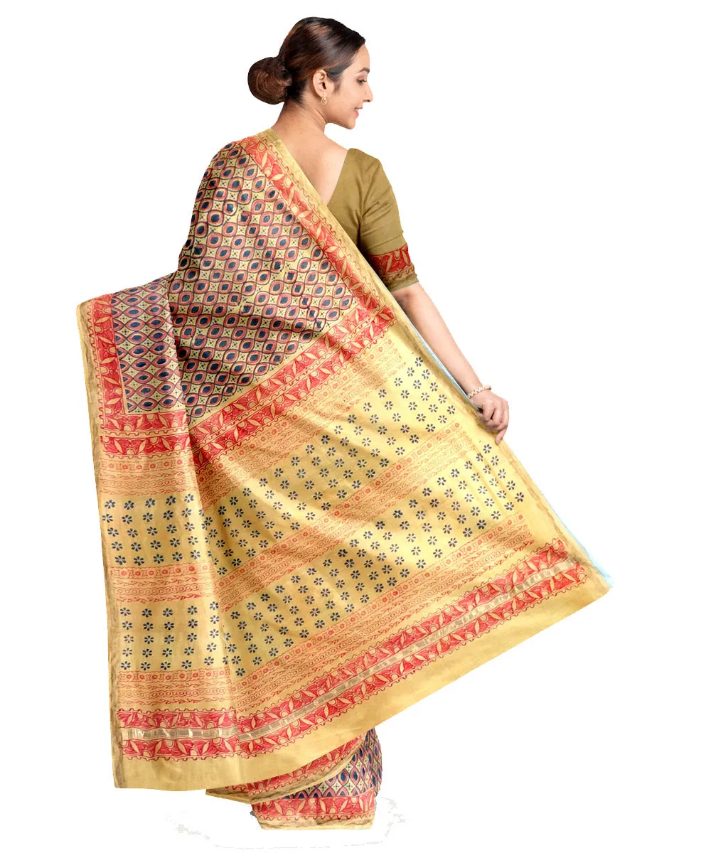 Mustard red cotton silk hand printed maheshwari saree