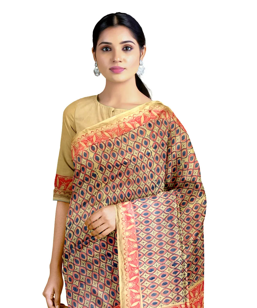 Mustard red cotton silk hand printed maheshwari saree