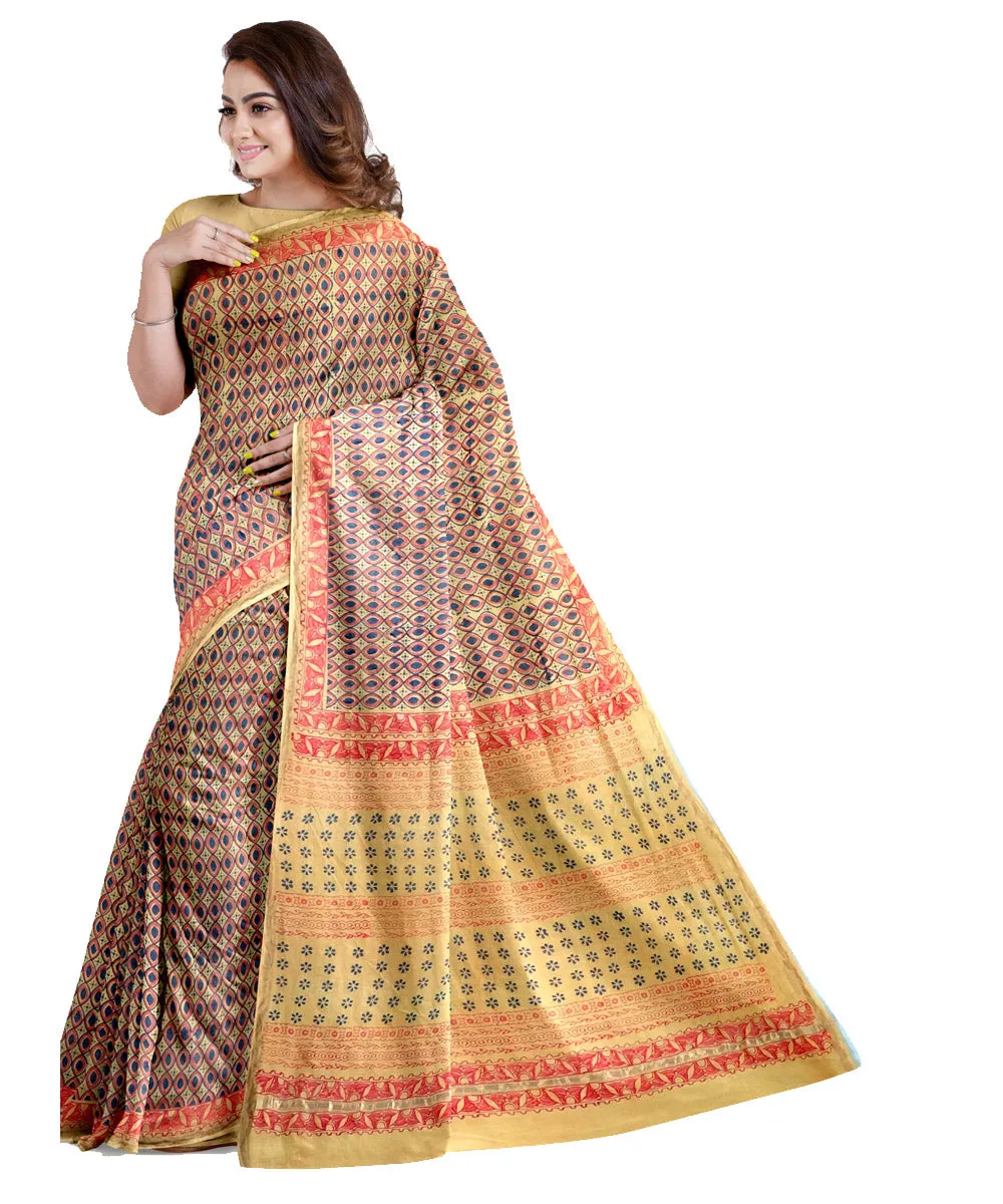 Mustard red cotton silk hand printed maheshwari saree