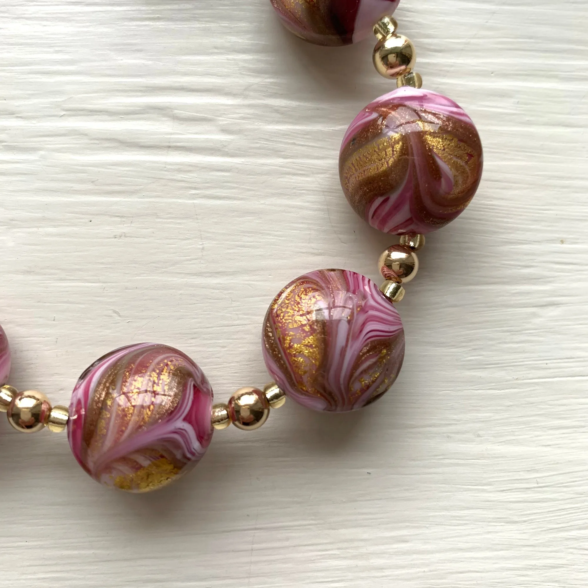 Necklace with byzantine pink and gold Murano glass medium lentil beads on gold