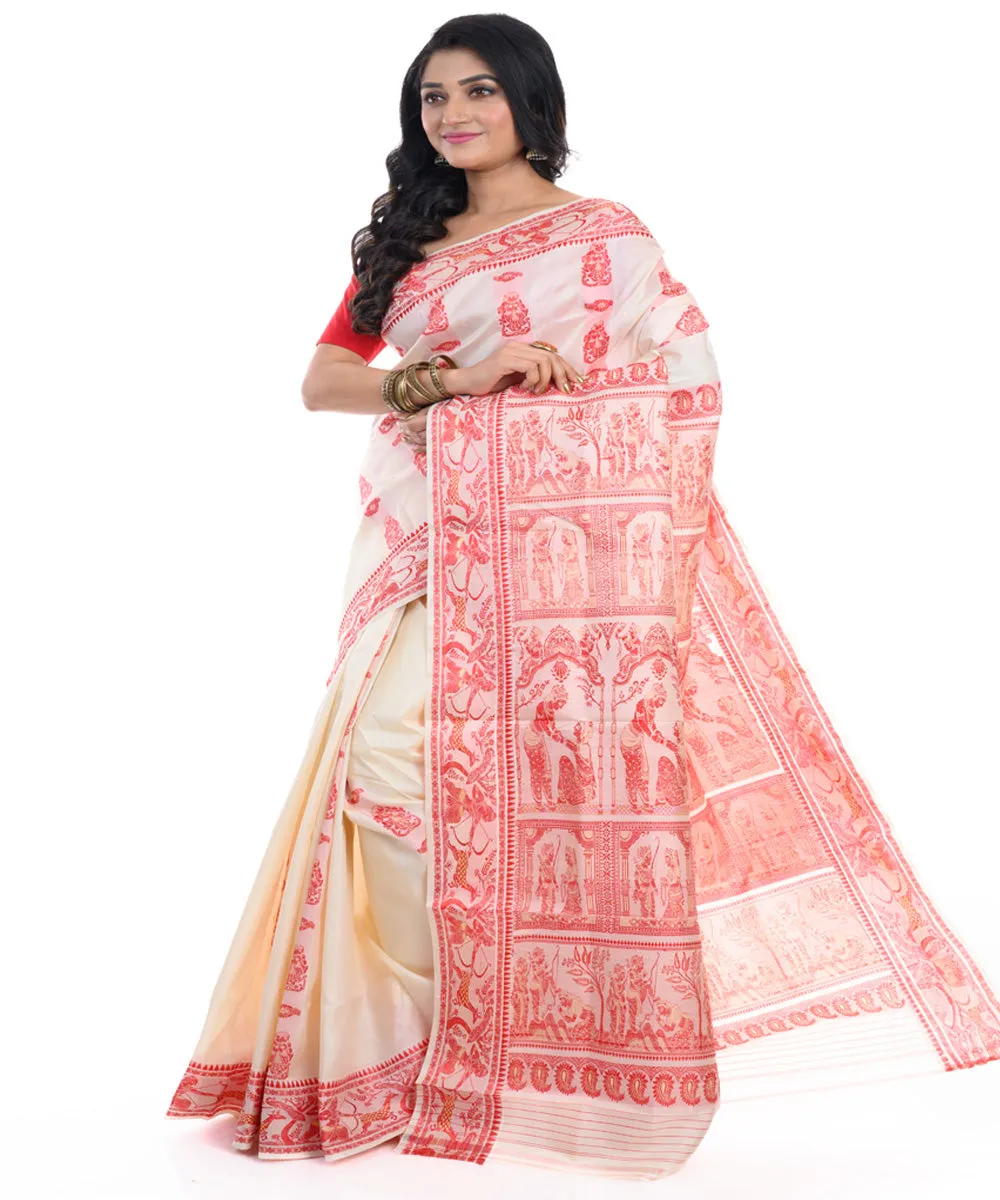 Off white red handwoven baluchari silk saree