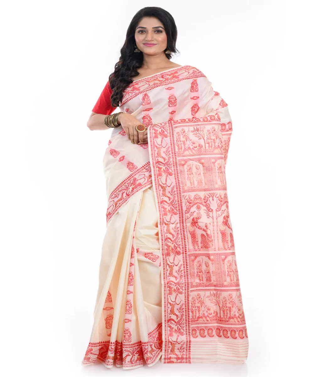 Off white red handwoven baluchari silk saree