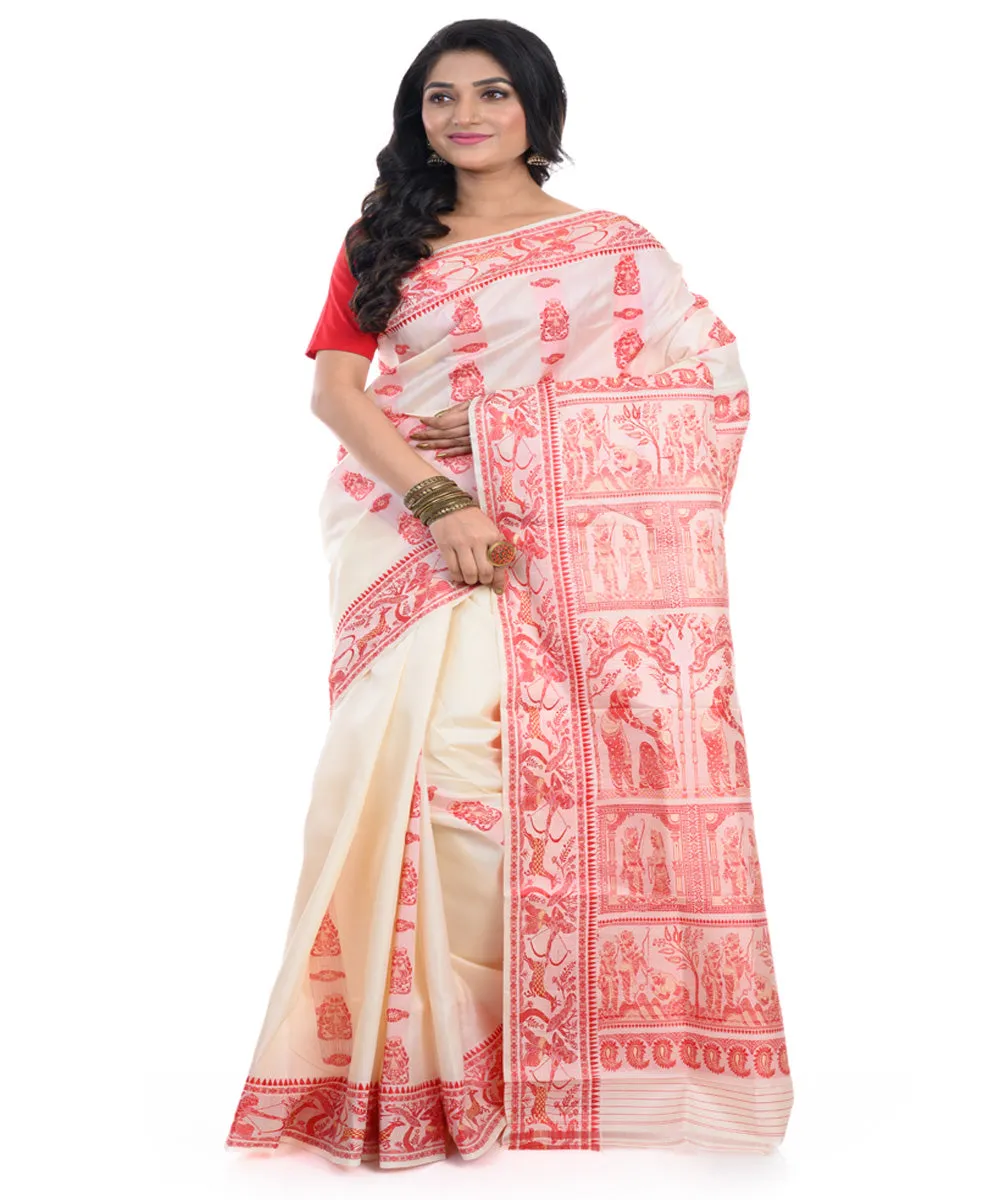 Off white red handwoven baluchari silk saree