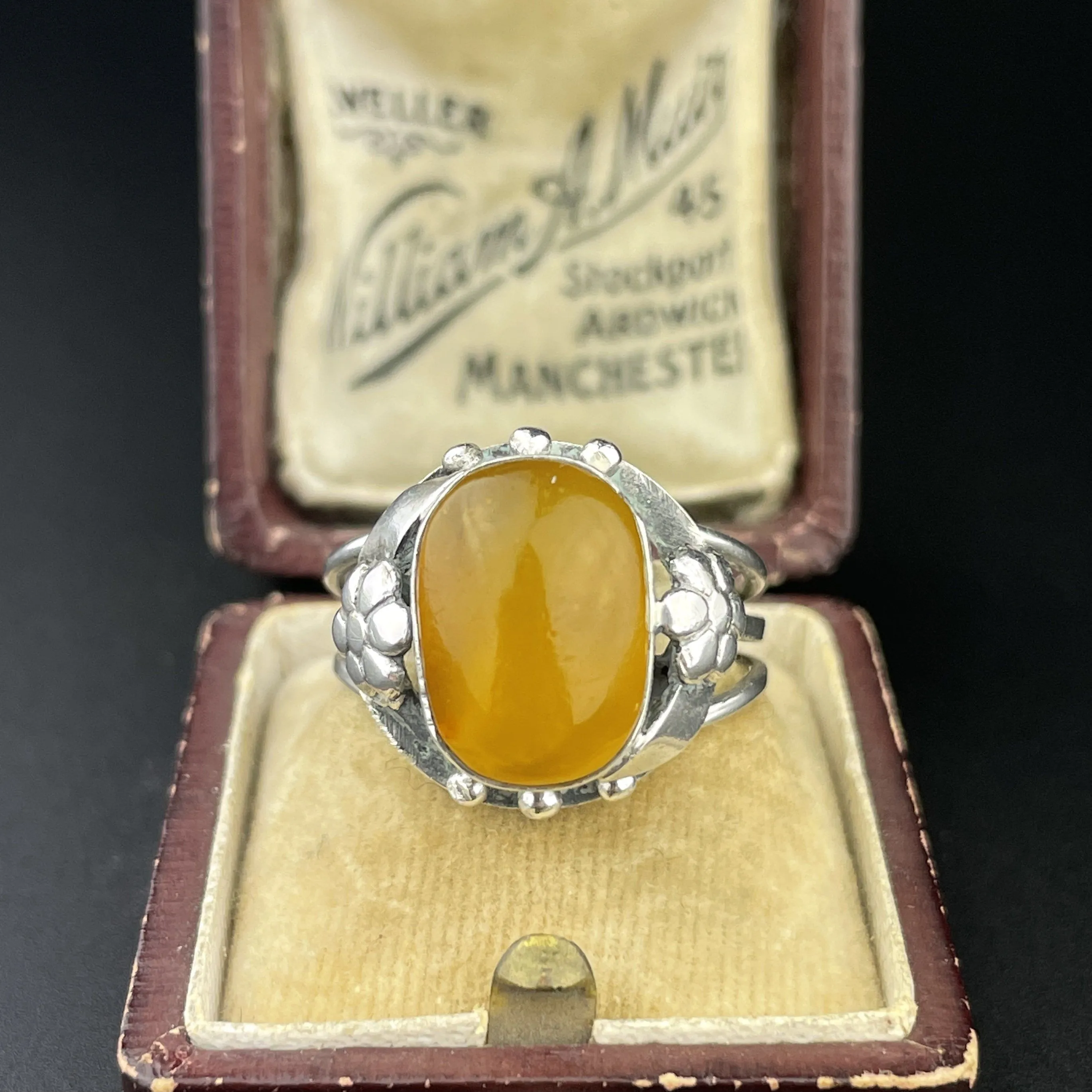 ON HOLD Silver Art Nouveau Butterscotch Amber Cabochon Ring, Sz 8