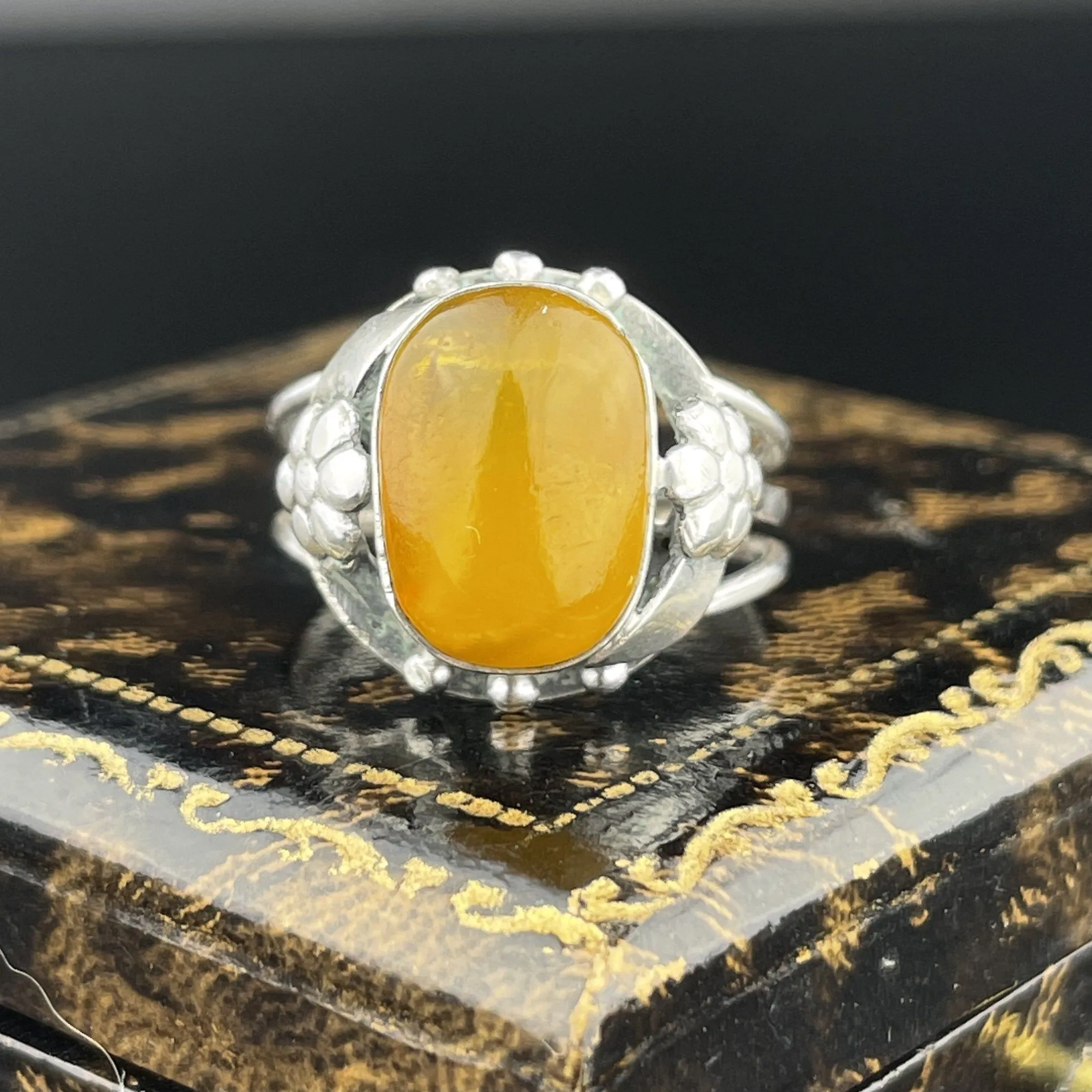 ON HOLD Silver Art Nouveau Butterscotch Amber Cabochon Ring, Sz 8