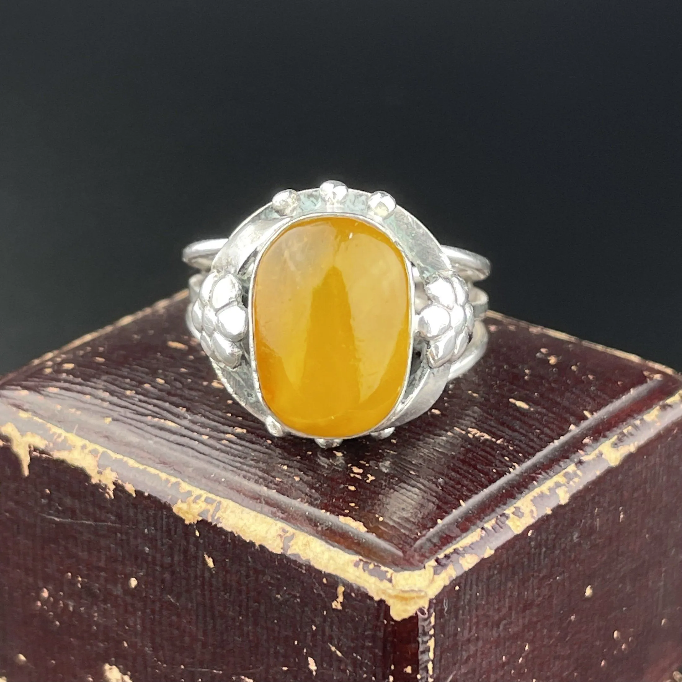 ON HOLD Silver Art Nouveau Butterscotch Amber Cabochon Ring, Sz 8