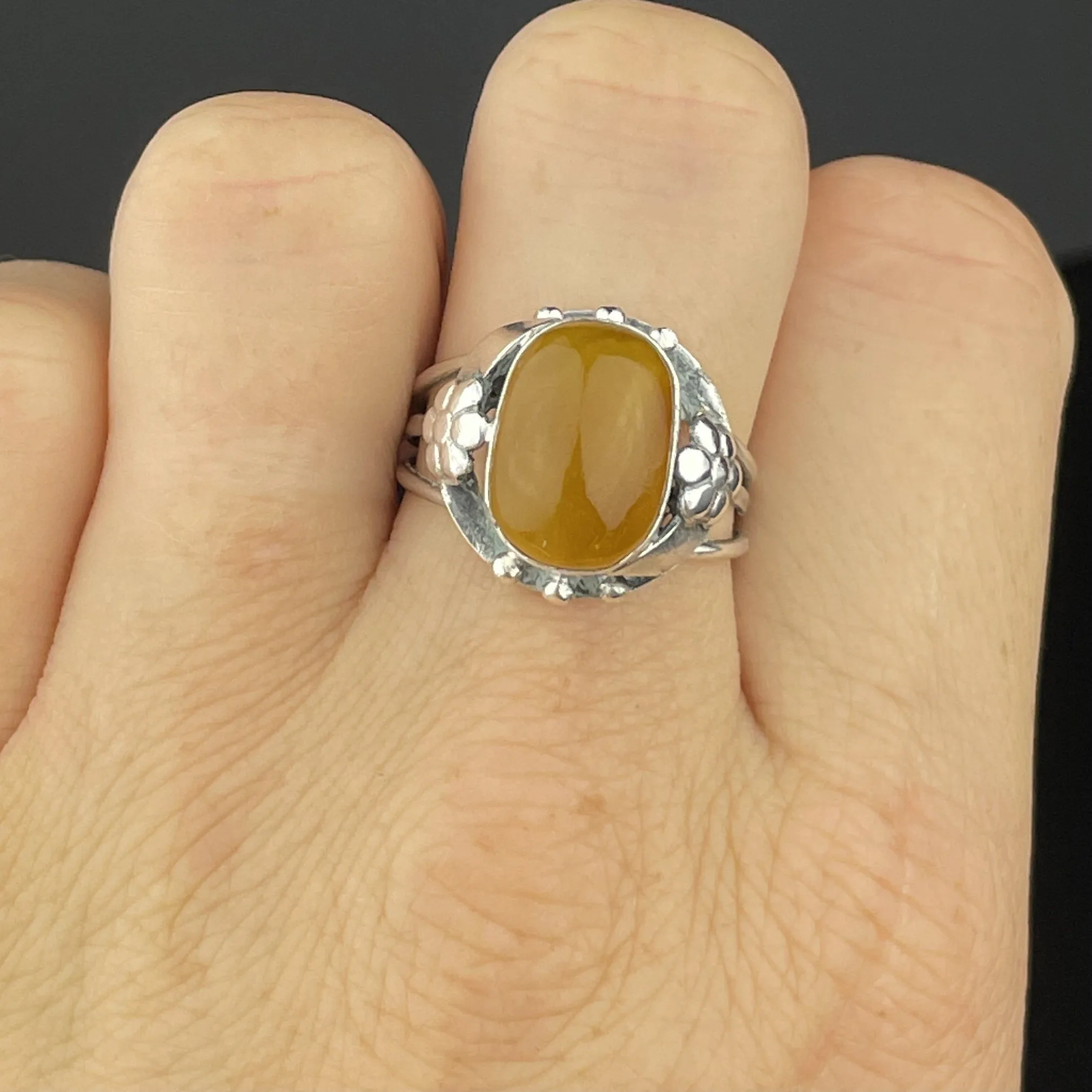 ON HOLD Silver Art Nouveau Butterscotch Amber Cabochon Ring, Sz 8