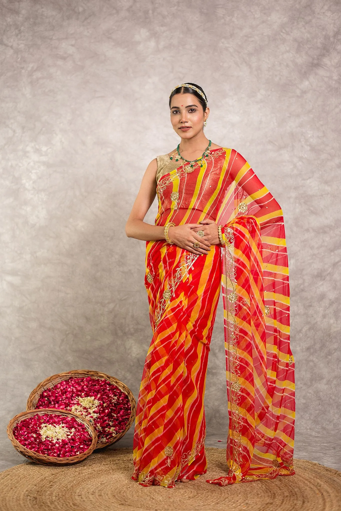 Orange pure georgette Lehariya Saree