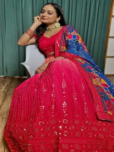 Pink Chinon Silk Heavy Work Unstitched Lehenga Choli Set