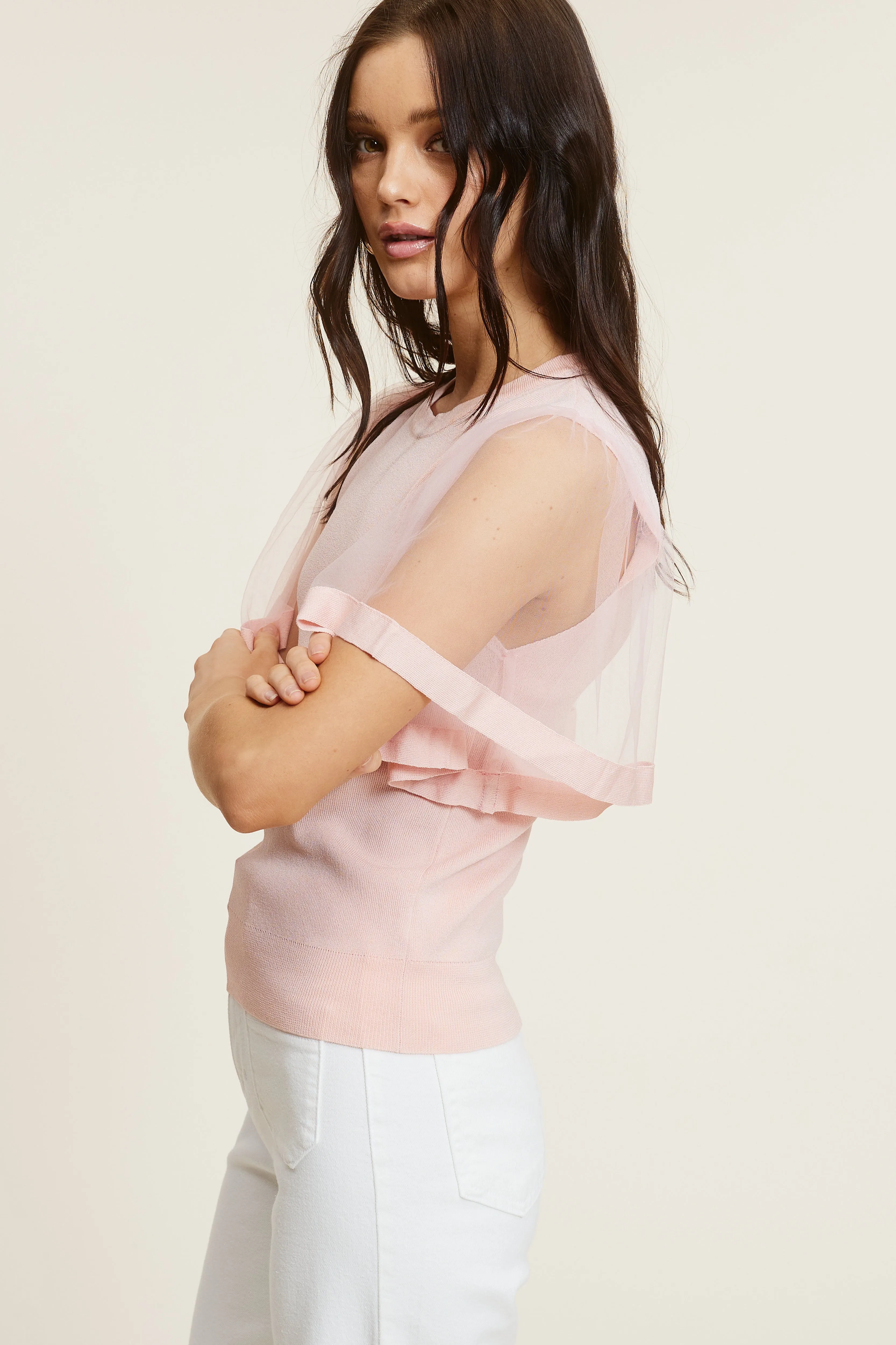 Pink Sheer Sleeve Blouse