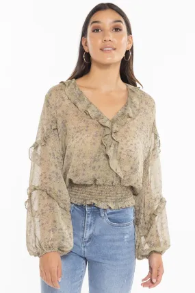 Plentiful Sage Confetti LS Frill Neck Blouse