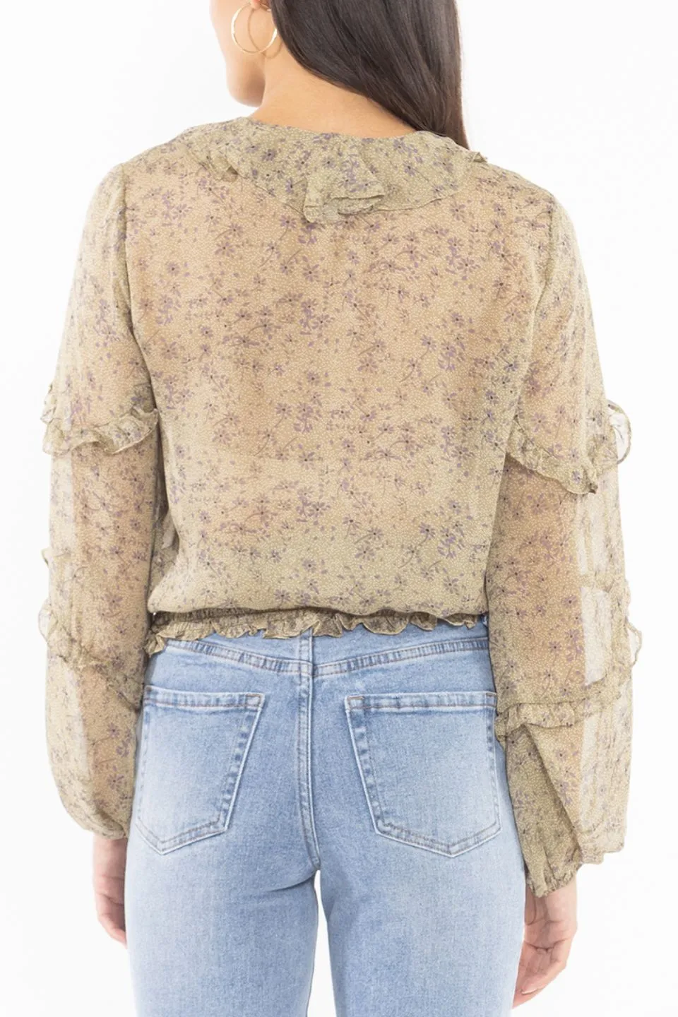 Plentiful Sage Confetti LS Frill Neck Blouse