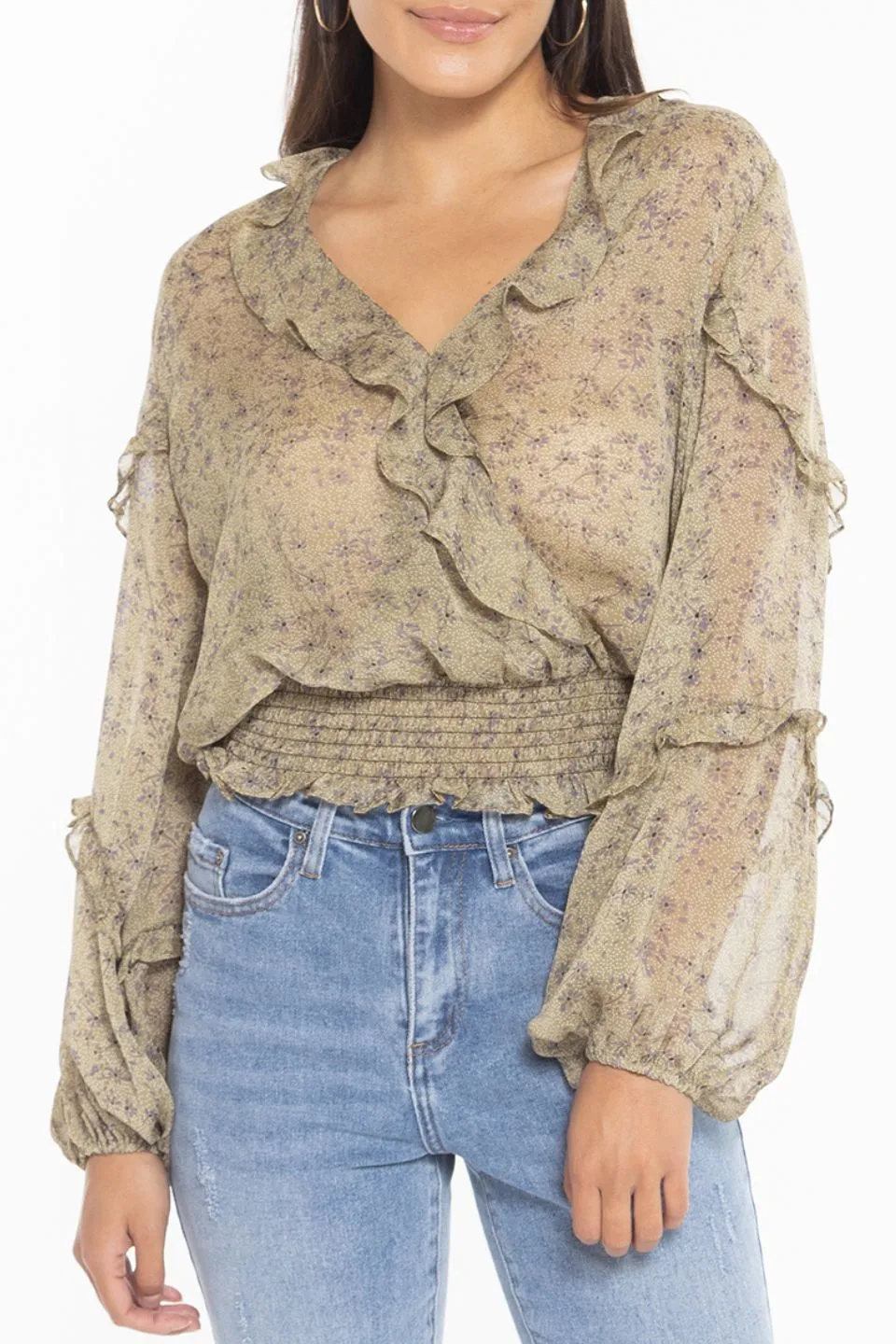 Plentiful Sage Confetti LS Frill Neck Blouse