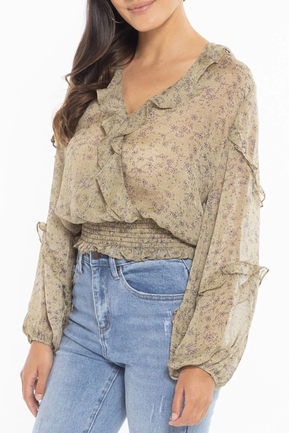 Plentiful Sage Confetti LS Frill Neck Blouse