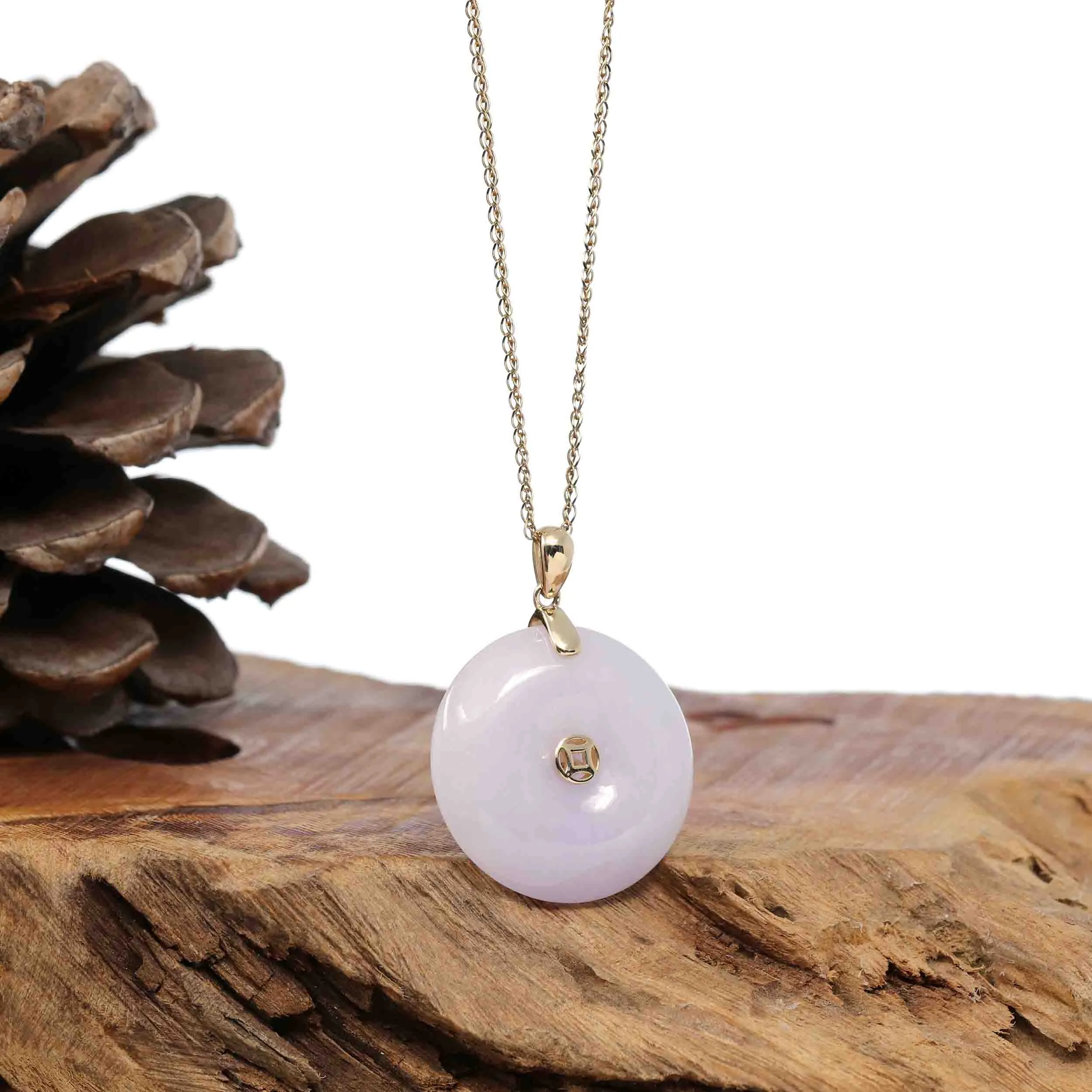 "Good Luck Button" Lavender Jadeite Jade Lucky KouKou Pendant With 14K Yellow Gold Bail