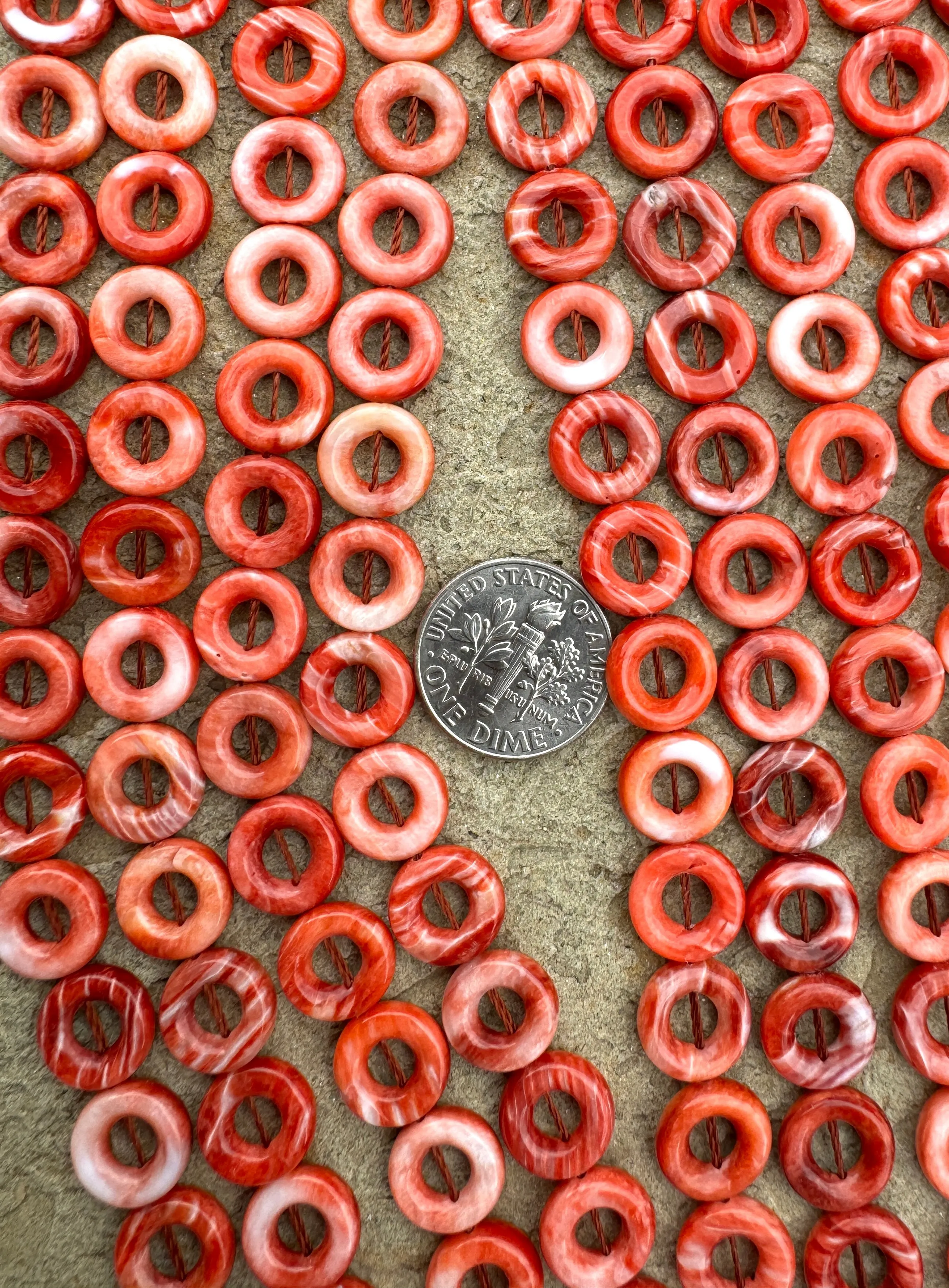 Red/Rust Spiny Oyster 10mm Donut Beads, (16 Inch Strand)