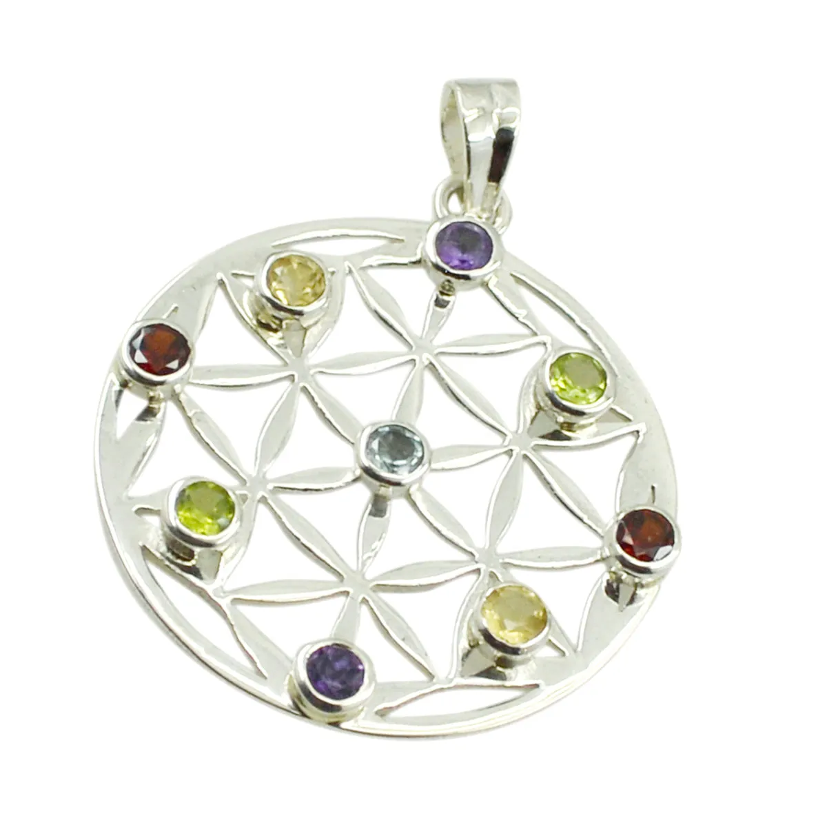 Riyo Beddable Gemstone Round Faceted Multi Color Multi Stone 1016 Sterling Silver Pendant Gift For Girlfriend