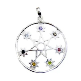 Riyo Bonny Gems Round Cabochon Multi Color Multi Stone Silver Pendant Gift For Wife