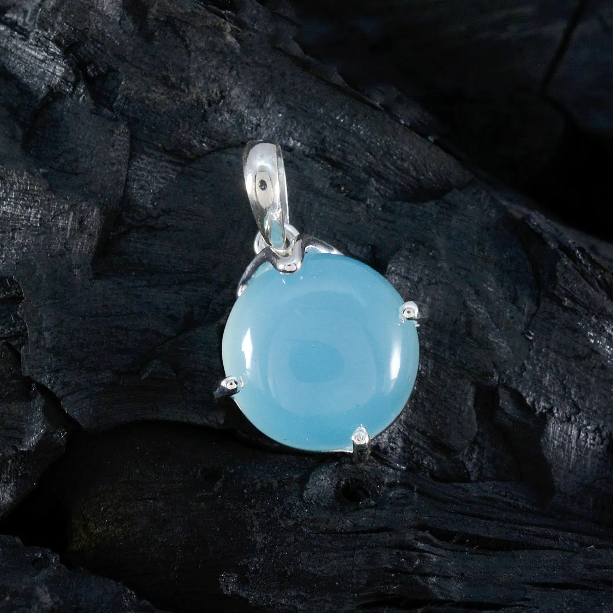 Riyo Delightful Gems Round Cabochon Aqua Aqua Chalcedony Solid Silver Pendant Gift For Wedding