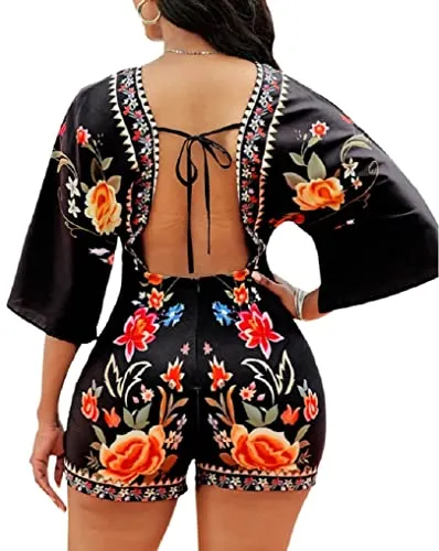 Rompers for Women Summer Dressy Half Sleeve Backless Top Jumpsuit Casual V Neck Floral Print Loose One Piece Outfit