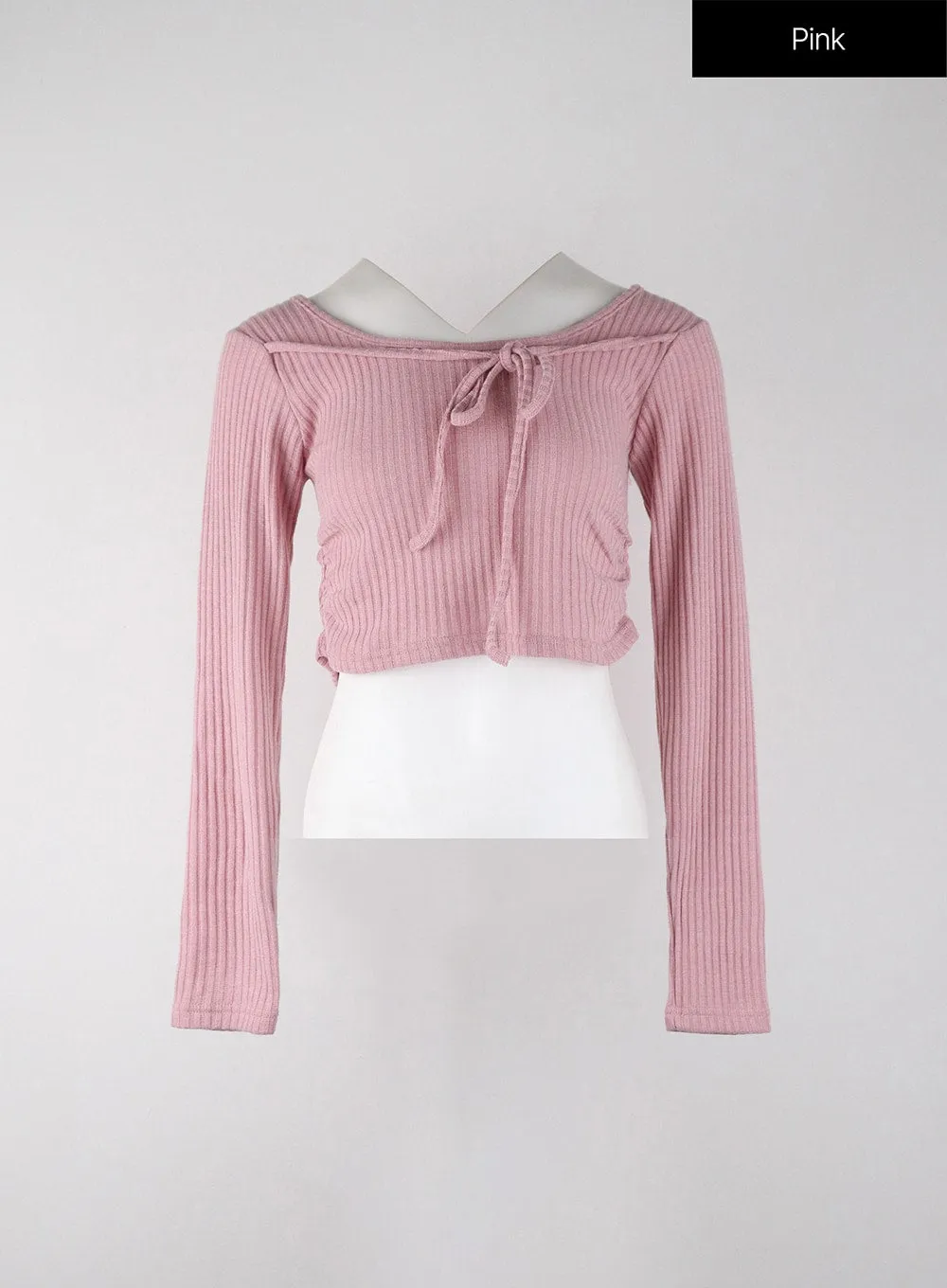 Round Neck Drawstring Ribboned Crop Long Sleeve IJ402