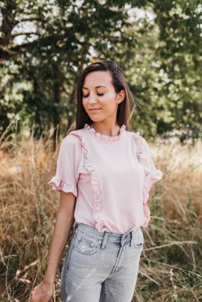 Ruffle Neck Tee in Dusty Pink