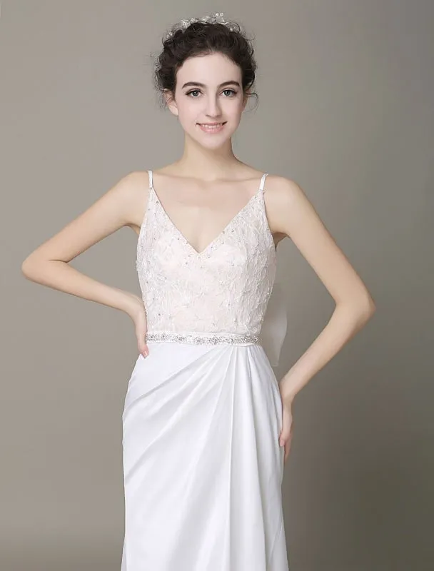 Satin Sheath Wedding Dress Plunging Neckline Bow Back Belt Lace Beading Evening Dress Milanoo