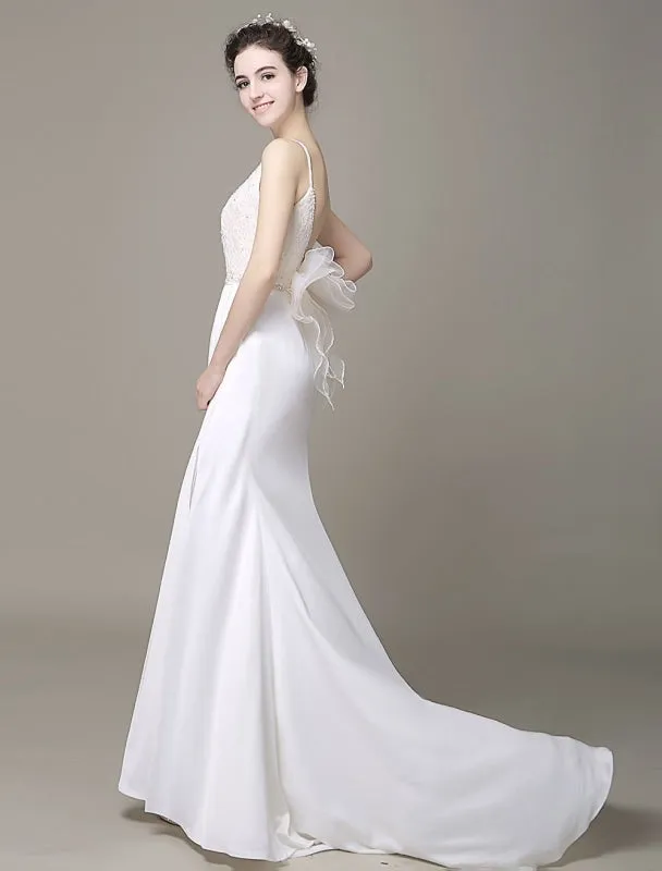 Satin Sheath Wedding Dress Plunging Neckline Bow Back Belt Lace Beading Evening Dress Milanoo