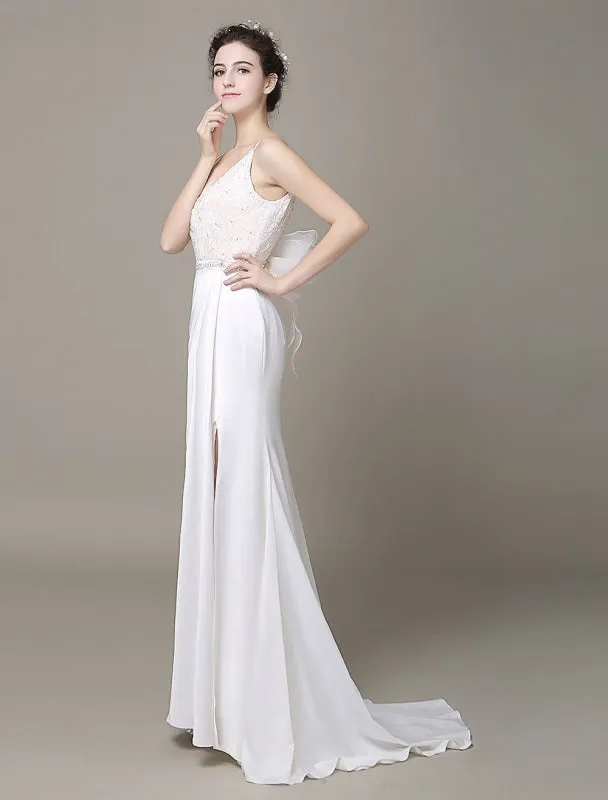 Satin Sheath Wedding Dress Plunging Neckline Bow Back Belt Lace Beading Evening Dress Milanoo