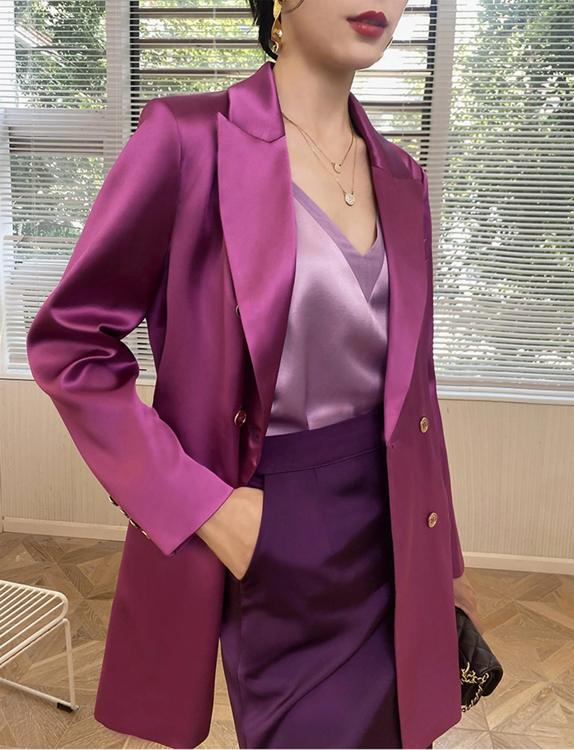 Satin Single-Breasted Thigh-Length Blazer Jacket