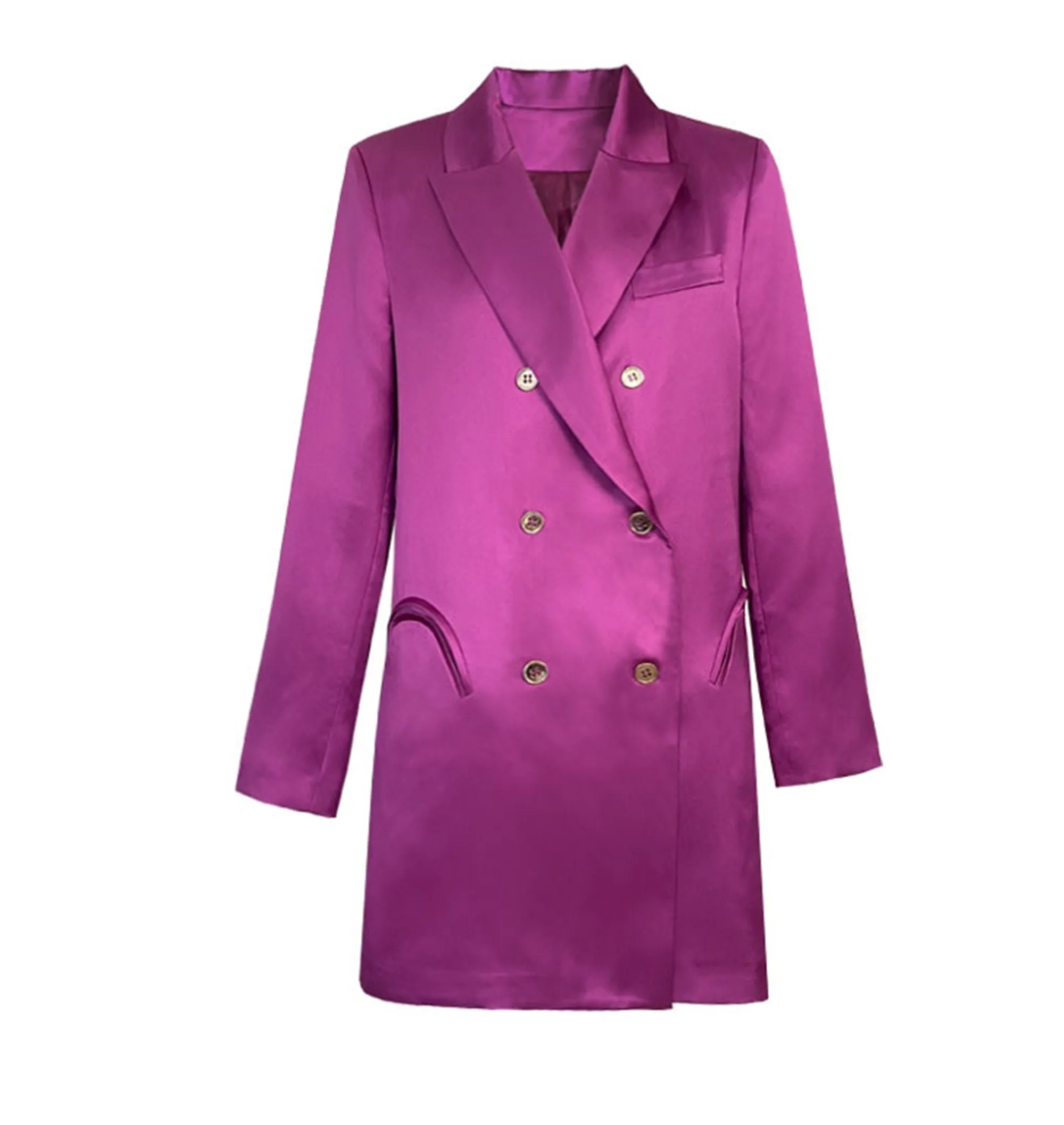 Satin Single-Breasted Thigh-Length Blazer Jacket