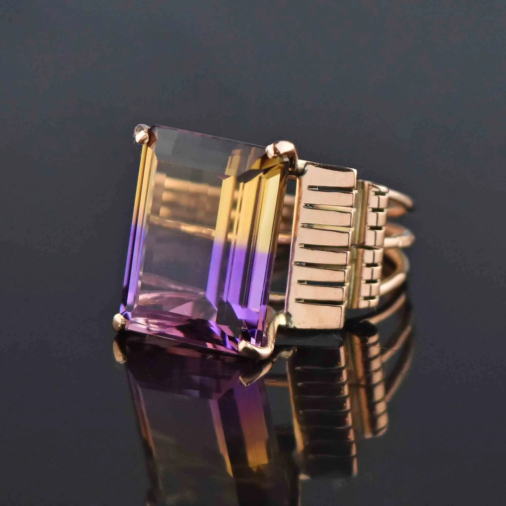 Signed Retro 14K Gold Large 14 CTW Ametrine Ring, Sz 6