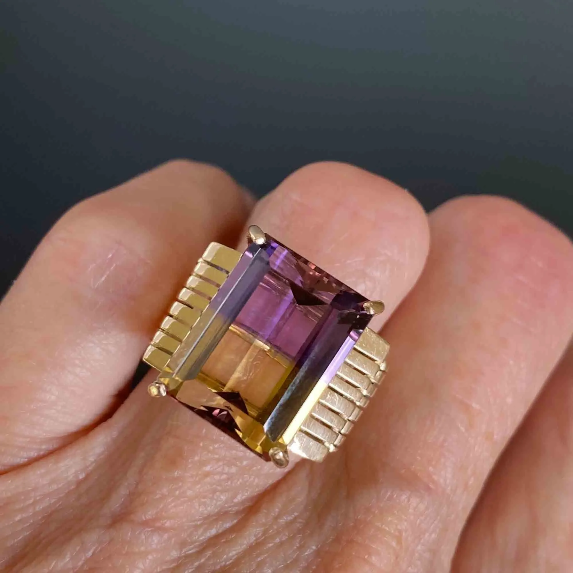 Signed Retro 14K Gold Large 14 CTW Ametrine Ring, Sz 6