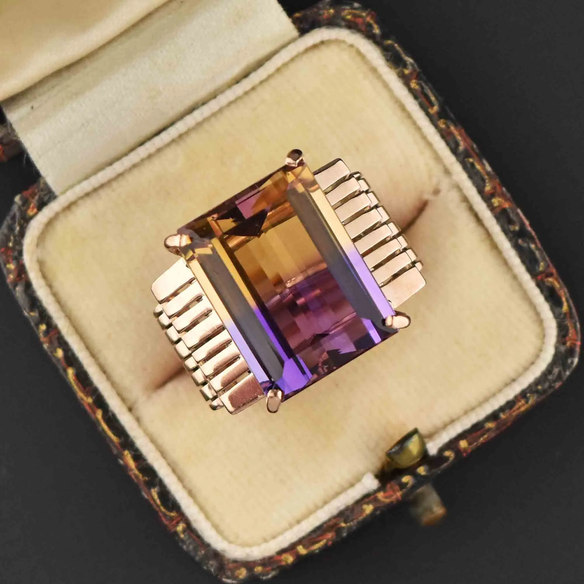 Signed Retro 14K Gold Large 14 CTW Ametrine Ring, Sz 6