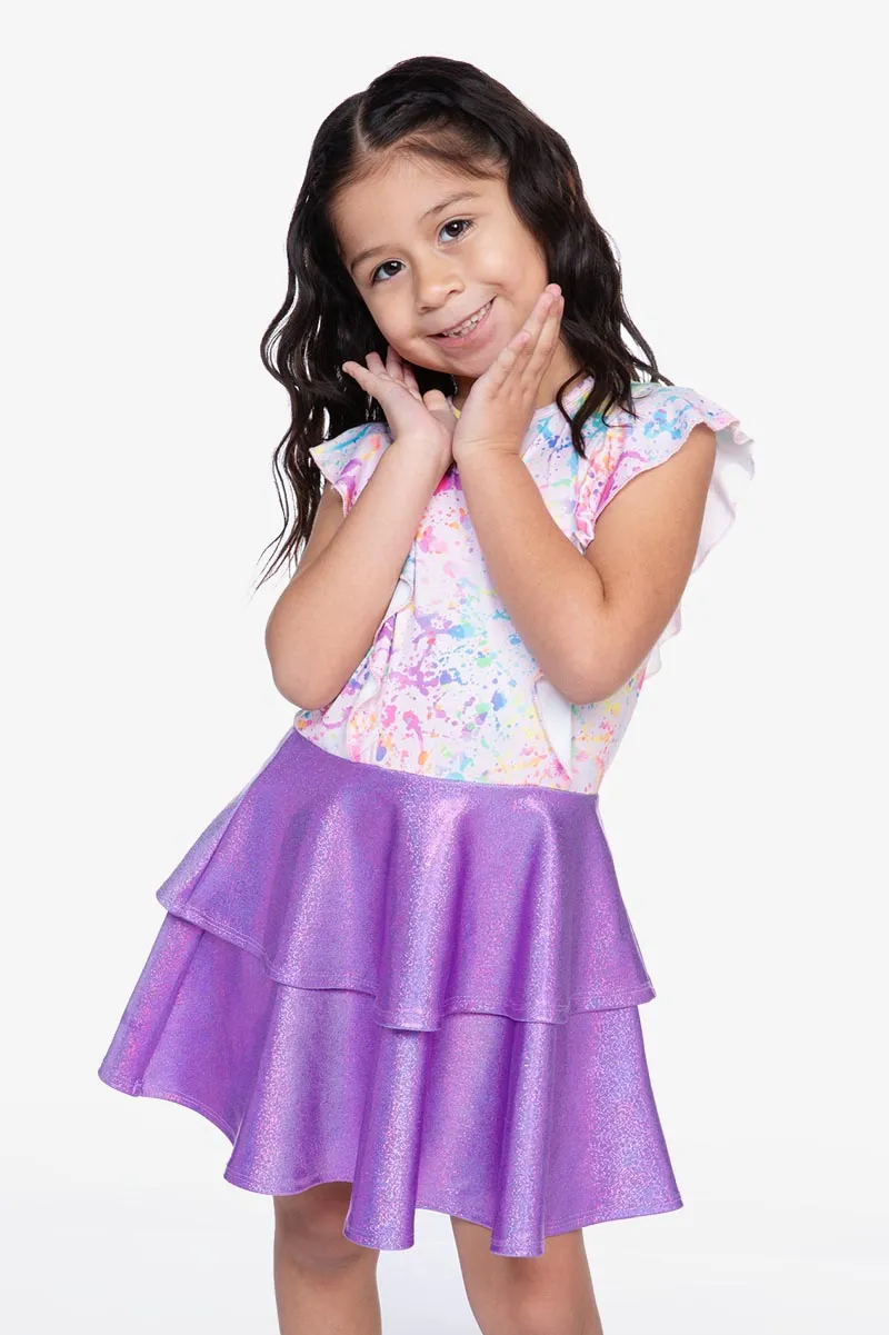 Simply Soft Flutter Ruffle Skirt Dress - Rainbow Splatter Purple Glitter