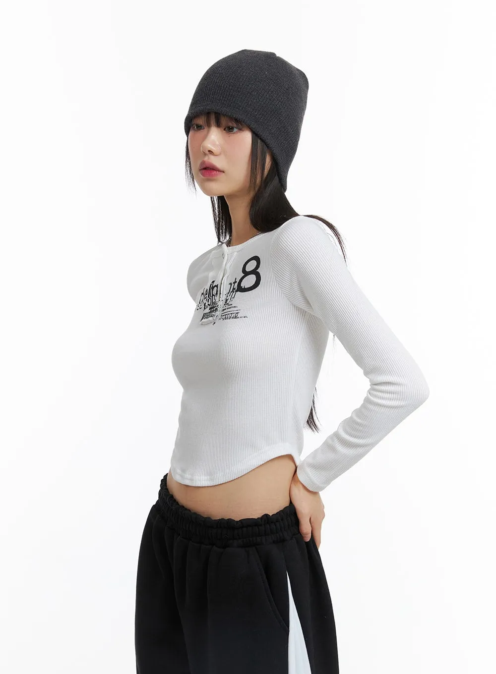 Slim Fit Graphic Lettering Long Sleeve Crop Top CJ412