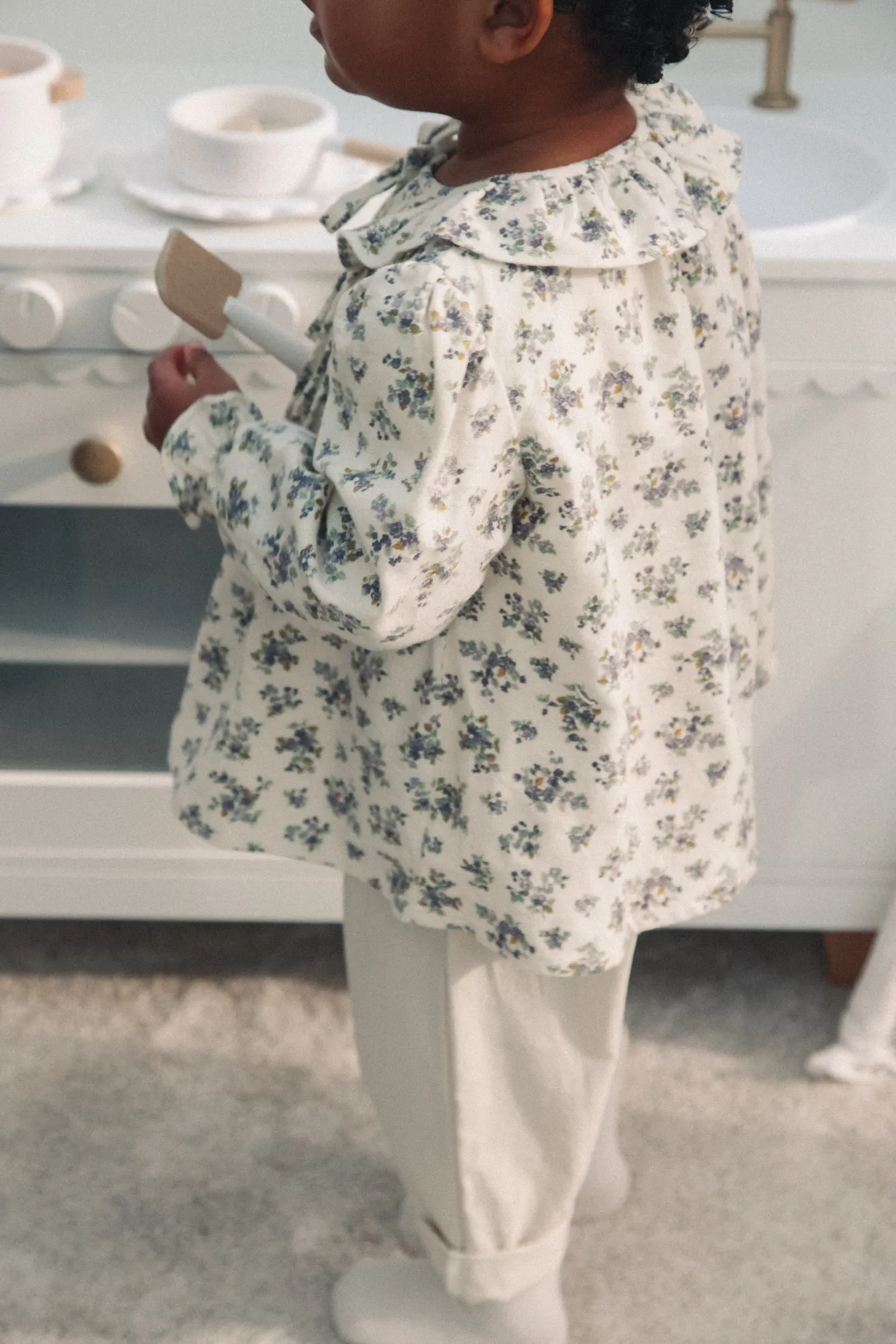 Soft Cotton Cream/Purple Floral Frill Collar Blouse